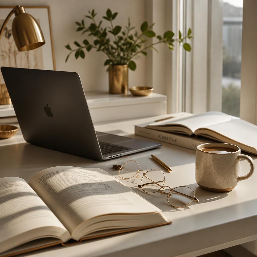 A bright, organized desk with open books, laptop, and reading glasses.